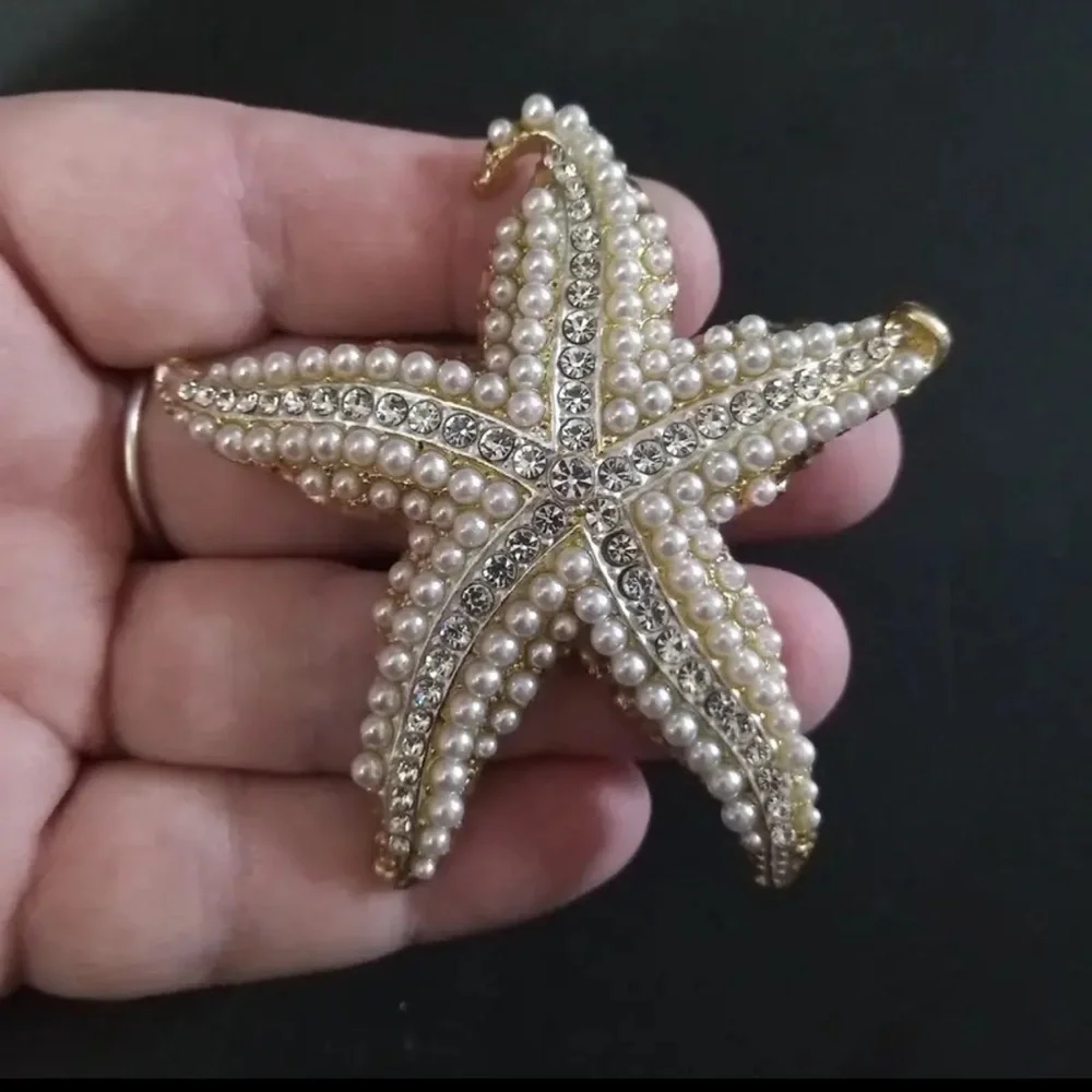 Golden Starfish Pearl, Rhinestones Brooch, Lapel Pin